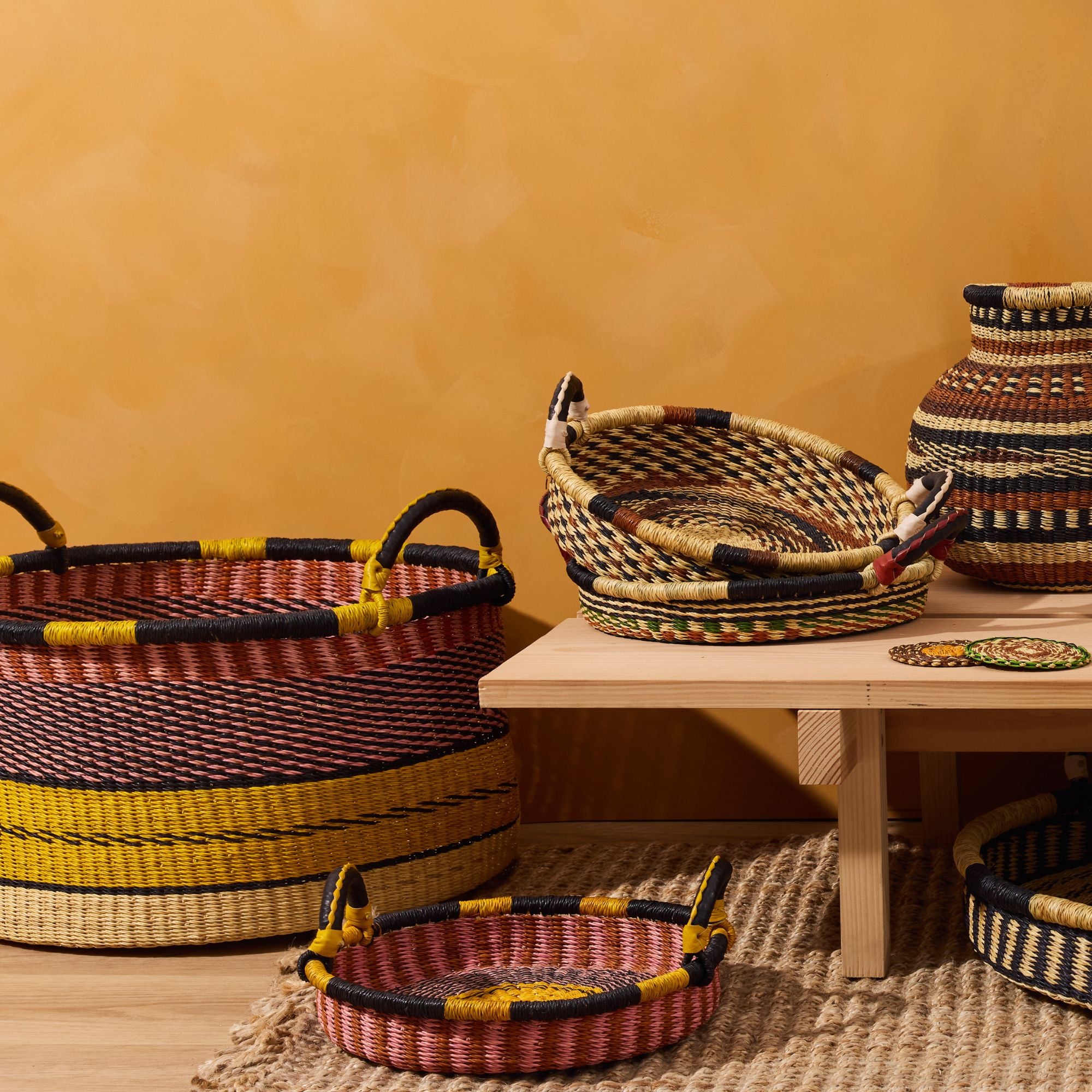 Goodee-Baba Tree-Large Woven Short Basket - Color - Pink & Yellow