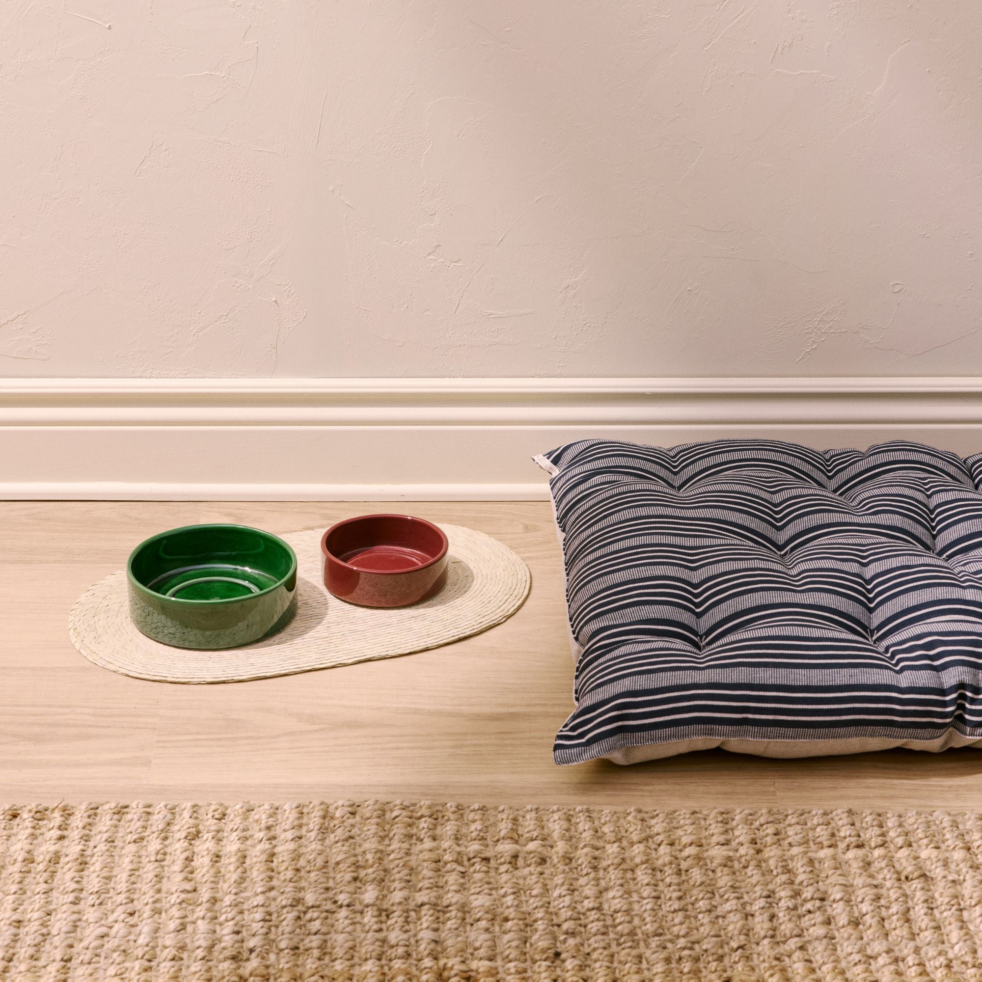 Goodee-Tensira-Dog Bed - Color - Black & Off-White Stripe - Makaua-Dog Placemat - Exclusive - Color - Natural