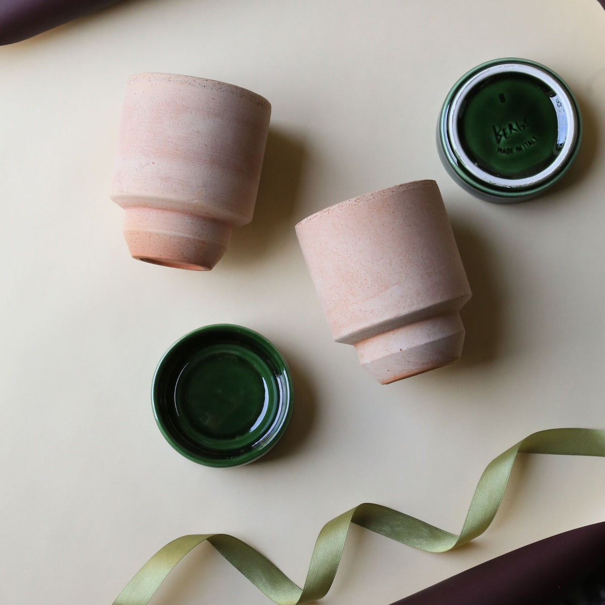 Goodee-Bergs Potter-Hoff Ø8 Planter & Saucer - Set of 2 - Color - Raw Rosa/Emerald Glaze