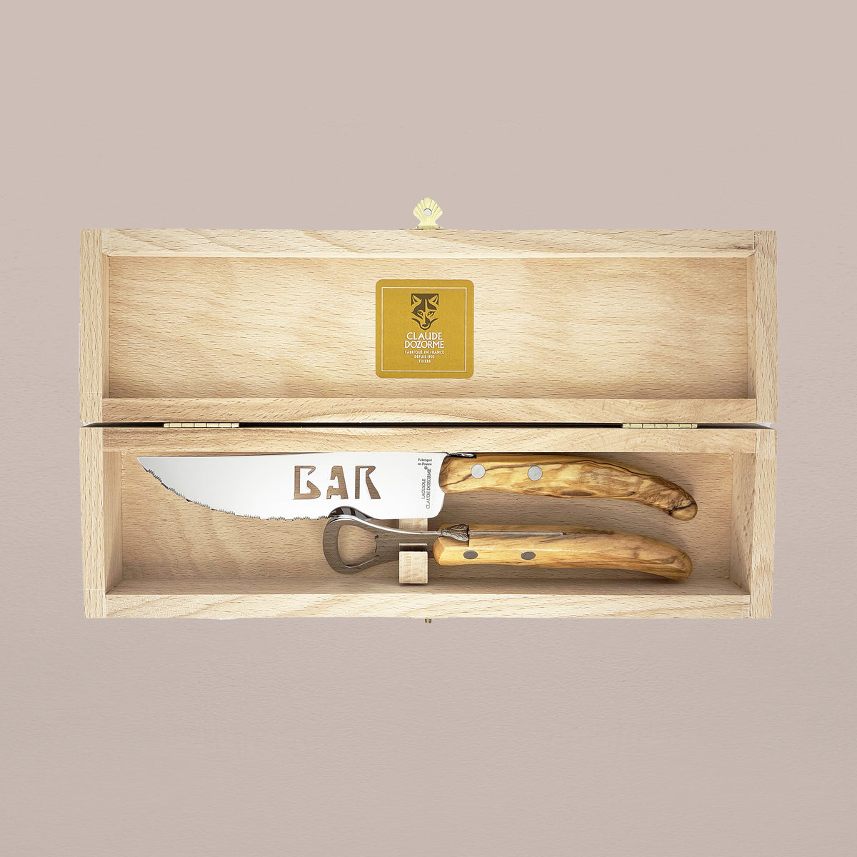 Goodee-Claude Dozorme-2-Piece Bar Knife & Bottle Opener Set - Olive Wood - Color - Olive Wood