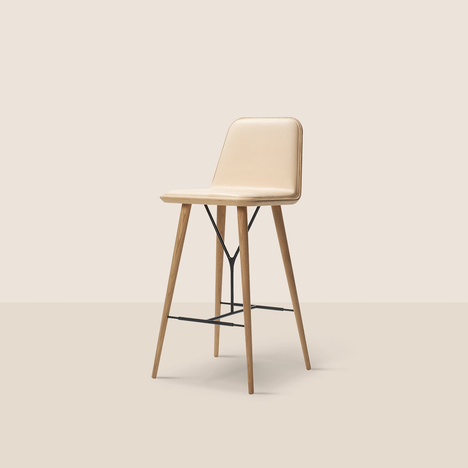 Goodee-Fredericia-Spine Bar/Counter Stool with Back - Wood Base - Color - Natural Vegeta Leather