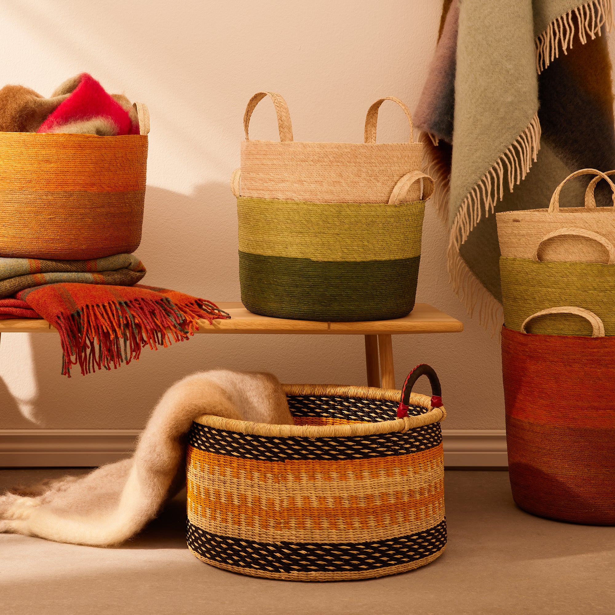 Goodee-Baba Tree-Medium Woven Short Basket - Color - Natural, Black & Yellow