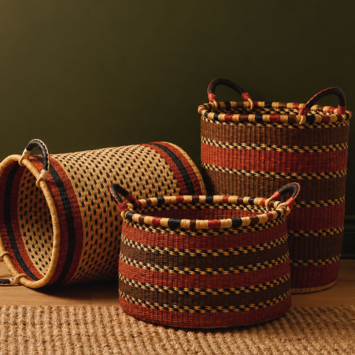 Goodee-Baba Tree-Medium Woven Short Basket - Color - Rust Stripe