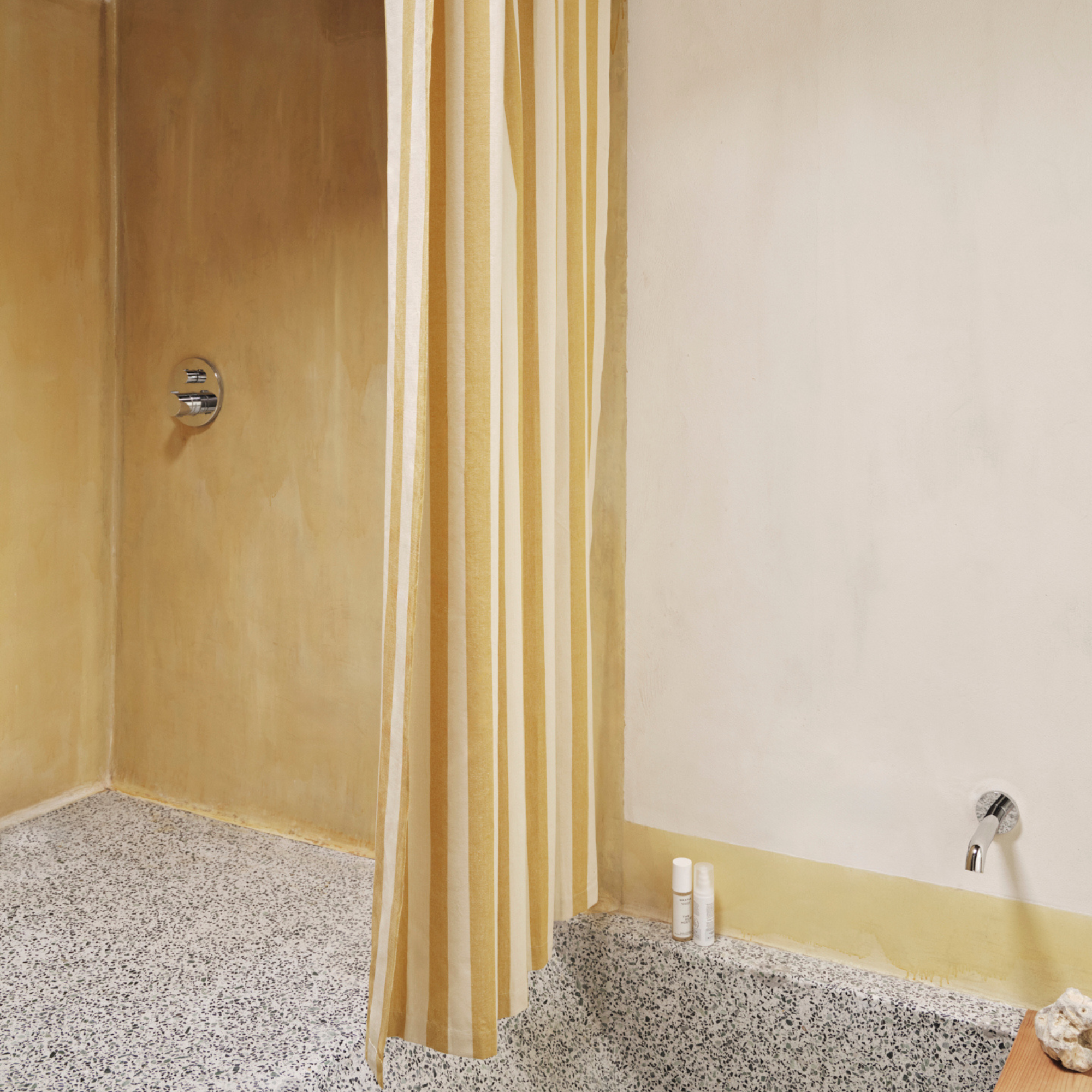 Goodee-Ferm Living-Organic Cotton Chambray Shower Curtain - Wide Stripe - Color - Yellow/Parchment
