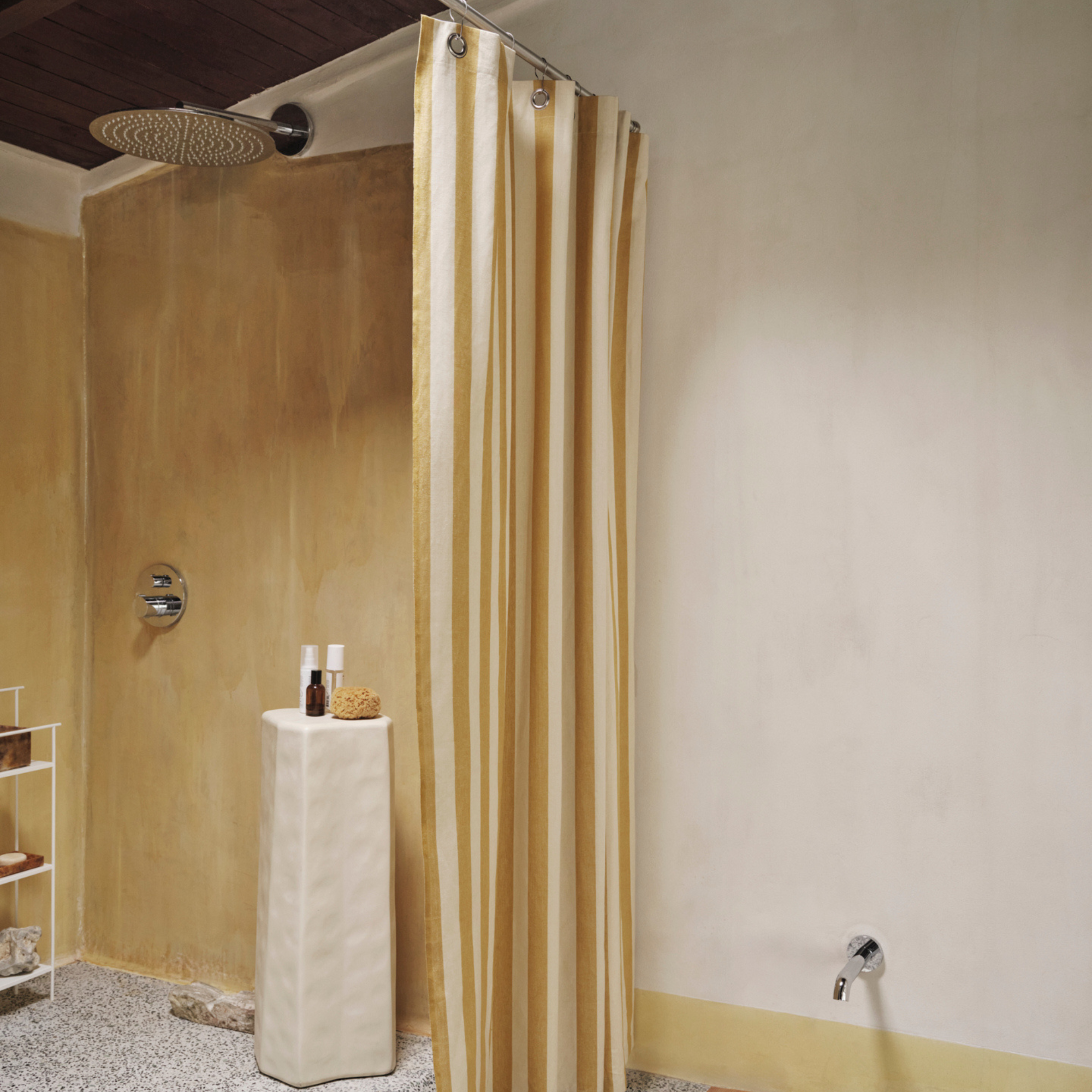 Goodee-Ferm Living-Organic Cotton Chambray Shower Curtain - Wide Stripe - Color - Yellow/Parchment
