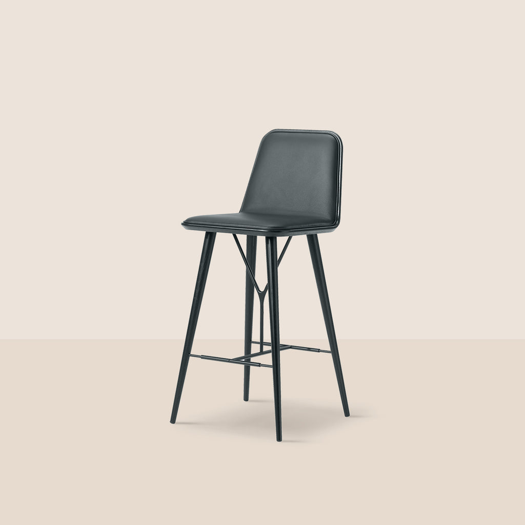 Goodee-Fredericia-Spine Bar/Counter Stool with Back - Wood Base - Color - Black Omni Leather
