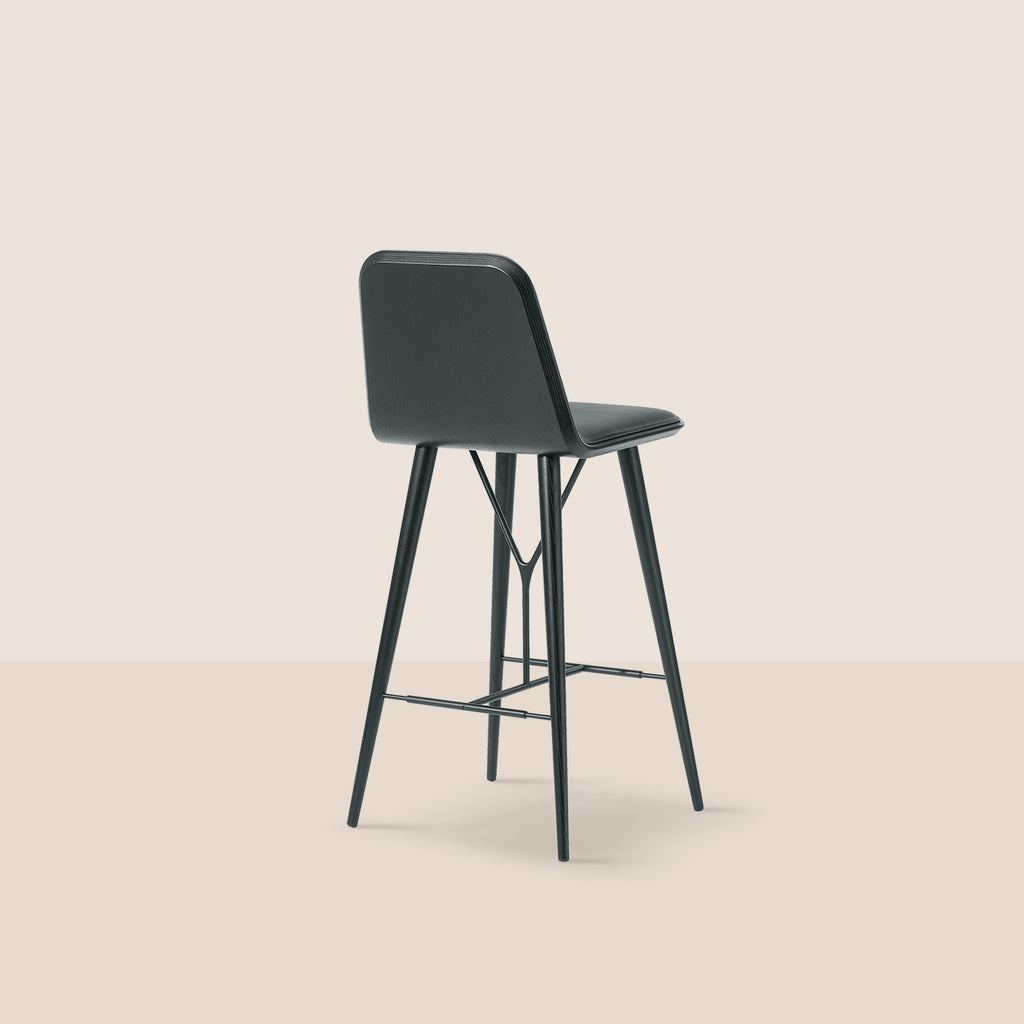 Goodee-Fredericia-Spine Bar/Counter Stool with Back - Wood Base - Color - Black Omni Leather